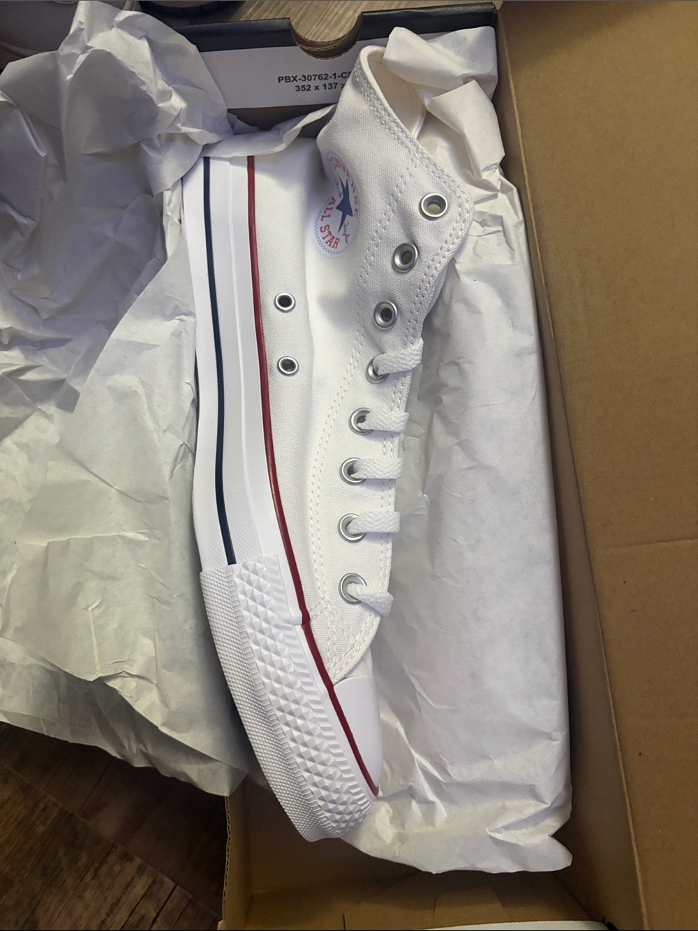 Converse White High Top Sneakers with Red and Blue Stripe